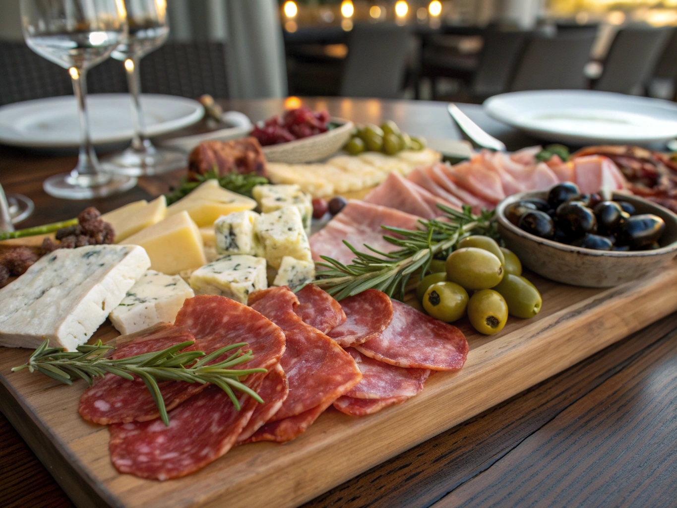 Platter of cured meats and aged cheeses on a rustic wooden board