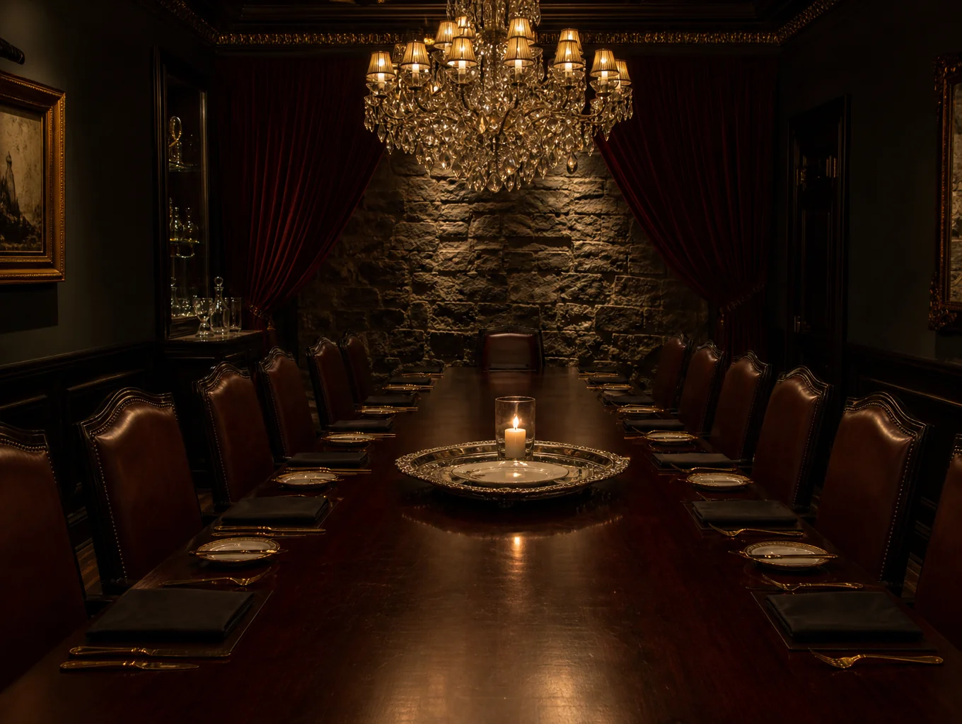 Cozy dining room interior with soft candle lighting and elegant table settings