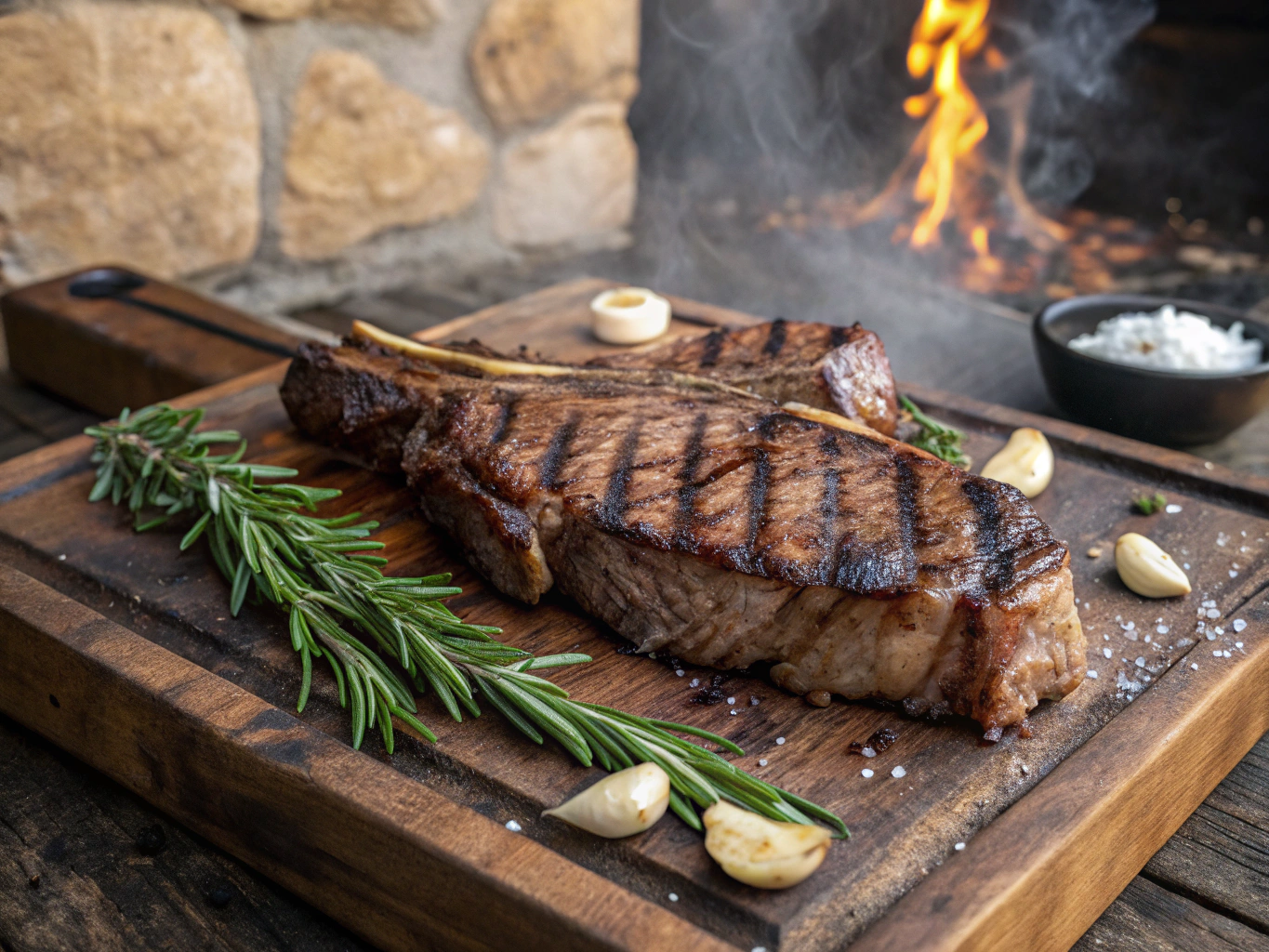 Grilled steak served on a stone plate with fresh herbs and olive oil