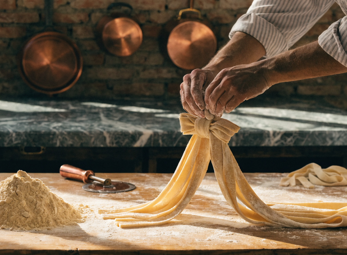 Hand-extruded fresh pasta on marble prep table
