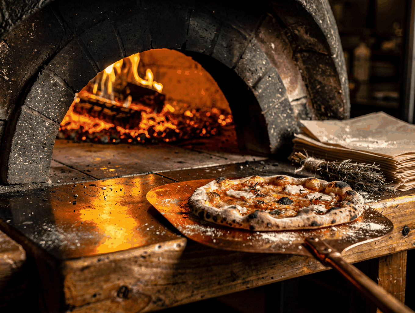 Wood-fired oven with glowing embers