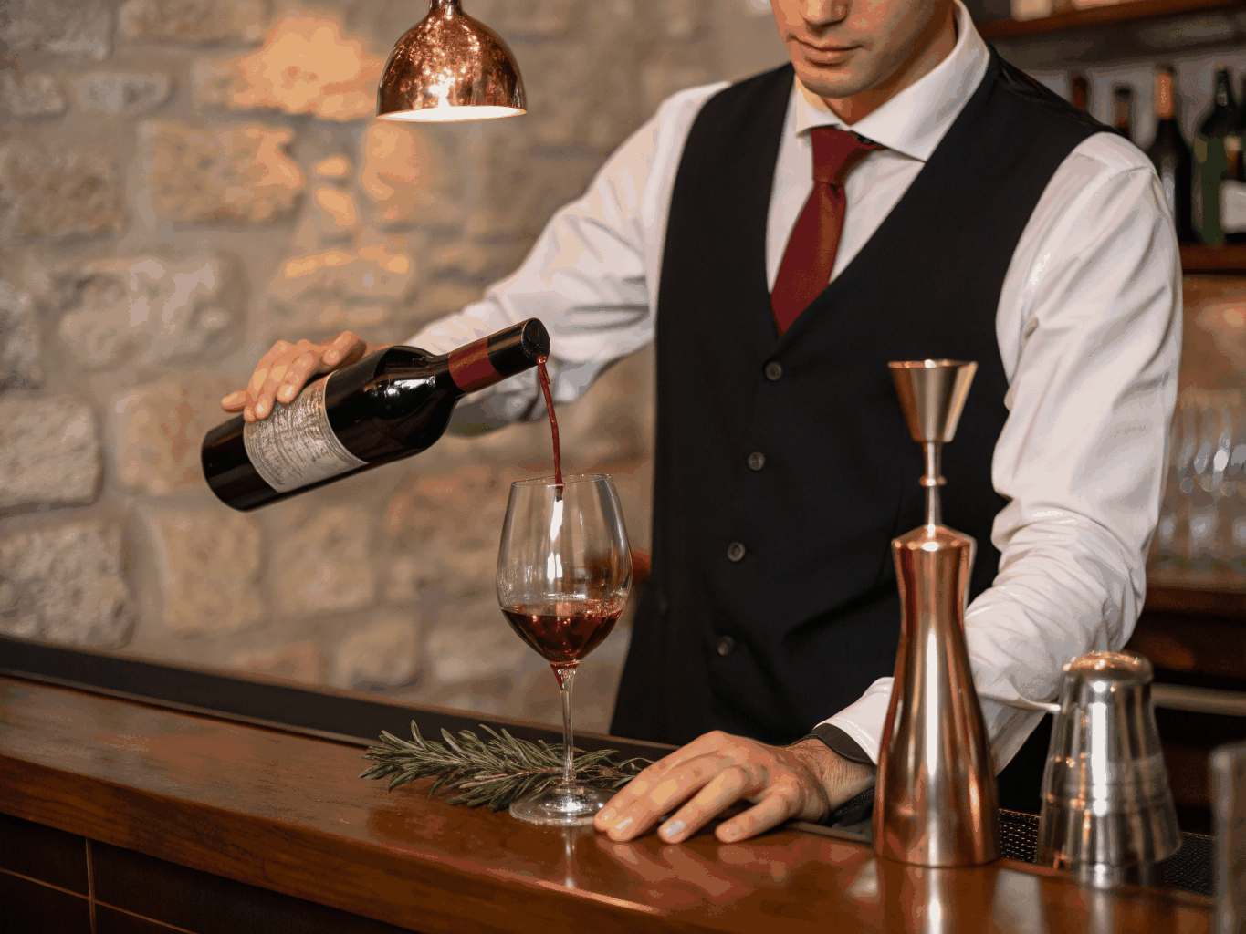 Head Sommelier Elena Conti pouring a glass of Italian wine