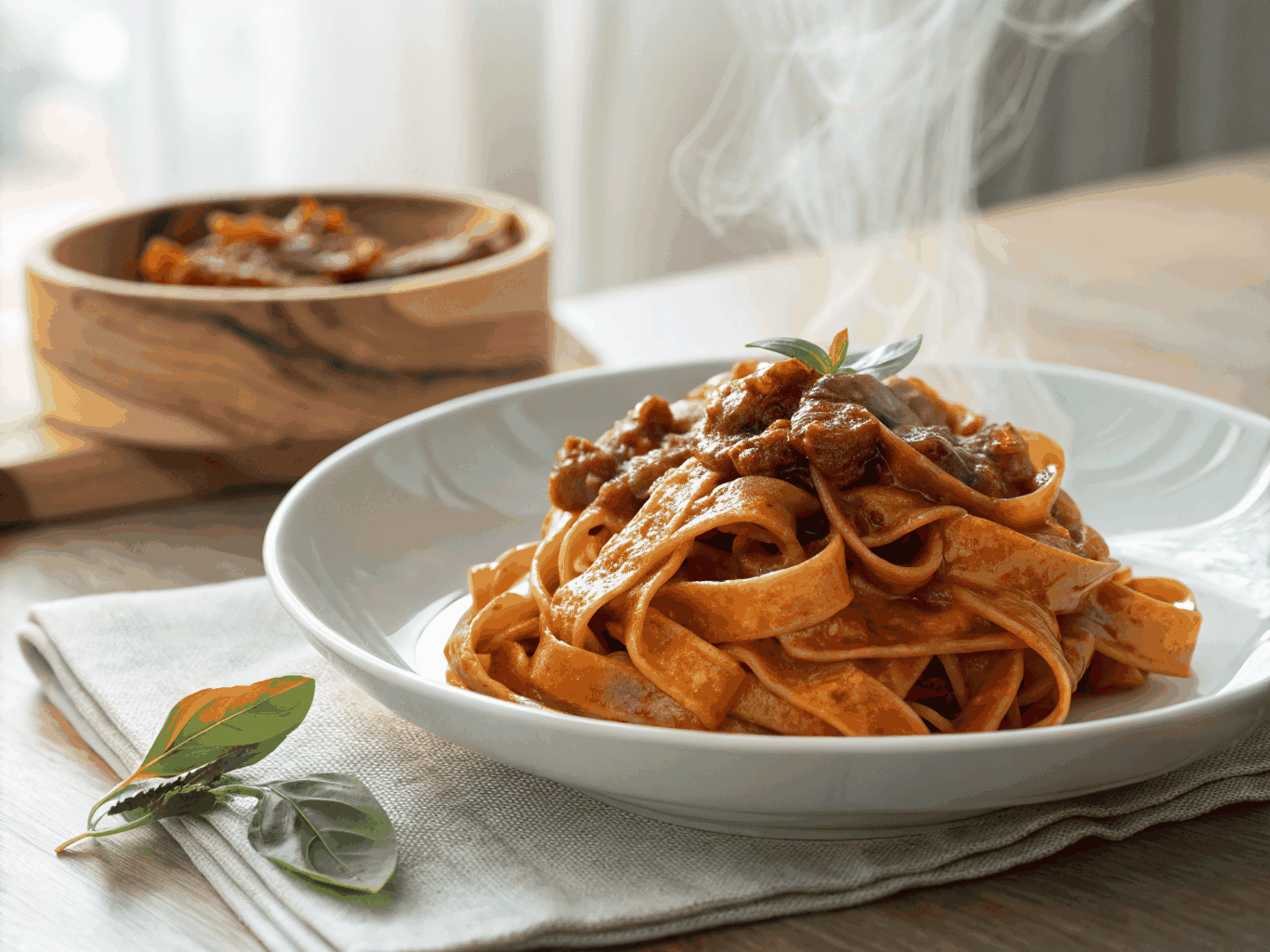 Freshly prepared tagliatelle pasta with rich meat sauce in a ceramic bowl