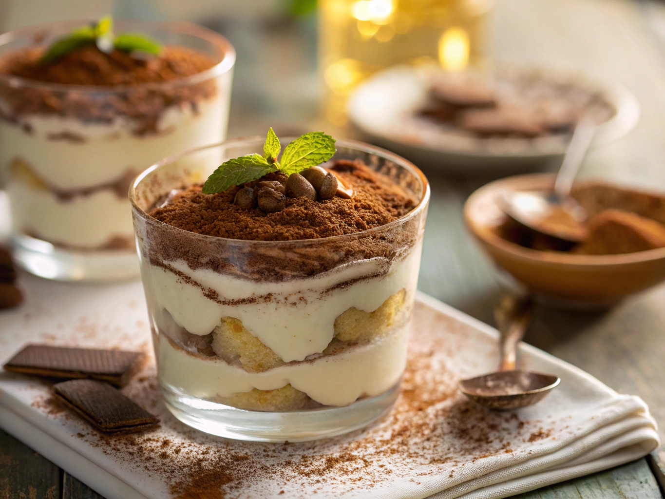 Traditional Italian tiramisu served in a glass with cocoa dusting