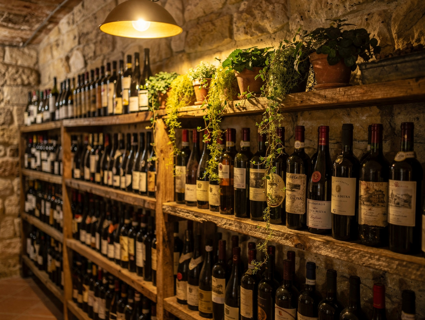 Selection of fine Italian red wines in a dimly lit cellar setting